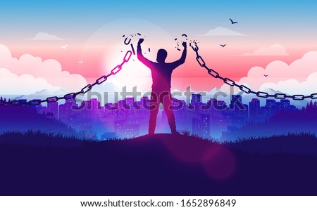 Break free from the chains - Man on hilltop braking the chains with sunrise and city in background. Freedom, liberation, hope and justice concept in vector illustration. 商業照片 © 