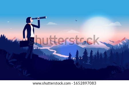 Businesswoman with binocular searching for opportunities - Female manager standing in a landscape with sunrise looking for solutions. Business outlook, female leader, strategy concept. Illustration.