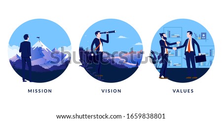 Business mission, vision and values. A set of images to use in presentation or website stating our mission, our vision and our values. Vector illustration.