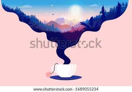 Morning tea - Cup of tea with steam forming a beautiful landscape with sunrise. A great way to start the day, and tea break concept. Vector illustration.