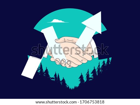 Handshake with graph - Two hands shaking over a deal and an upward pointing arrow shows growth. Teamwork, professional partners, business success and agreement concept. Vector illustration.