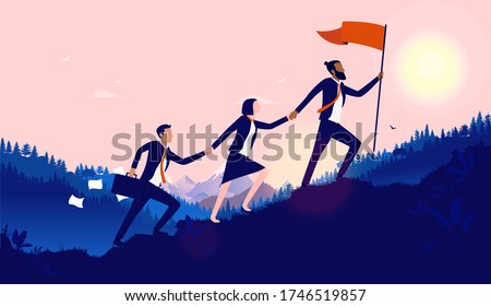 Teamwork diversity - A small group of businesspeople walking up hill to plant flag at the top. Successful, international multiethnic team working towards goal concept. Vector illustration.