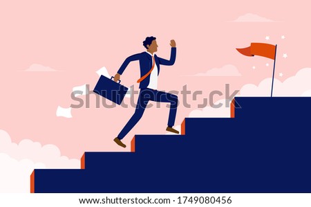 Successful minority  - Ethnic Business man with briefcase running fast up stairs towards goal. Success in business, working hard and aspirational concept. Vector illustration.
