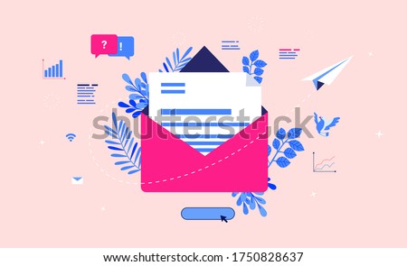 E-mail marketing illustration. Open mail envelope with communication and statistics around. Paper plane flying away as a symbol of sending mail. Vector.