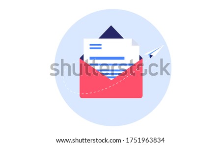 Sending e-mail icon illustration. Round image of open envelope with mail inside and paper plane flying away. Vector EPS.