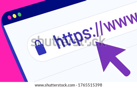 Surfing the web with ssl encryption. Browser window with mouse pointer and https address. Vector illustration.