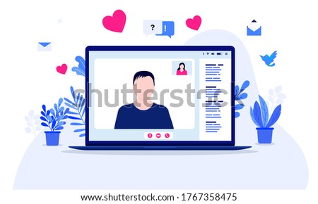 Online dating man - Laptop computer with video call showing a male person on screen with text chat in right margin. Vector illustration.