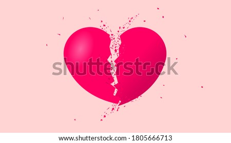 Broken heart shape - Illustration of red heart split in the middle with dust and debris. Heartbroken, lost love, and breakup concept. Vector illustration.