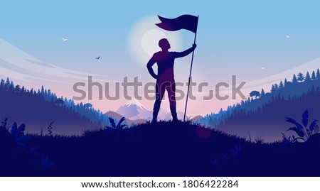 Personal achievement - Man holding flag on hilltop celebrating reaching his goal. Victory, winning and conquer adversity concept. Vector illustration.