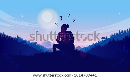 Female person sitting in nature thinking and wondering - Woman looking at landscape asking her self questions. Contemplating, meaning of life and loneliness concept. Vector illustration.