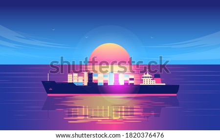 Ship transportation - Containership with cargo and goods sailing by sunset at open sea. International shipping, delivery and coast to coast concept. Vector illustration.