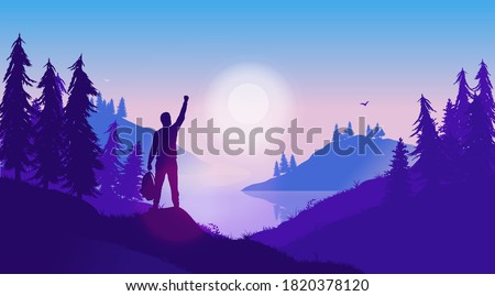 Personal success story - Silhouette of positive male person in wild landscape, raising hand in triumph. Nature therapy, live in the moment, and overcome adversity concept. Vector illustration.