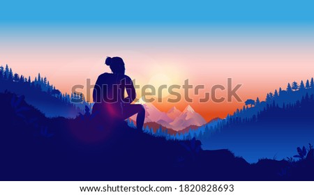 Thoughtful woman - Female person sitting outdoors thinking, reflecting and contemplating about her life and future. Solitude, melancholy and lost in thoughts concept. Vector illustration.