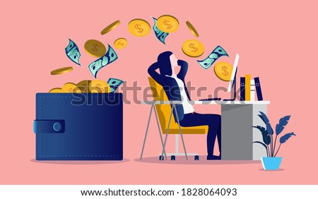 Woman getting paid from online work - Female person relaxing in chair with computer paying money in her wallet. Passive income, internet salary and earning money concept. Vector illustration.