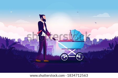 Businessman with baby pram - Man taking time off work to care for baby, walking with stroller in landscape. Paternity leave concept. Vector illustration.