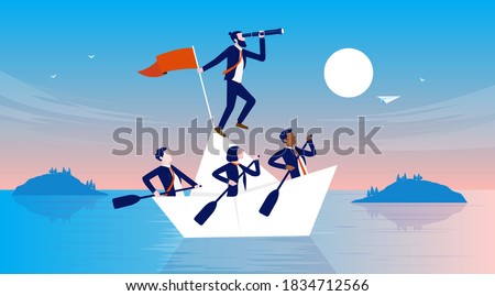 Business ship - People all in the same boat working hard and finding the way forward. Manager and employees teamwork concept. Vector illustration.