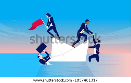 Business sinking ship - Businesspeople in a sinking boat trying to rescue them self. Bankruptcy, failure and crisis concept. Vector illustration.