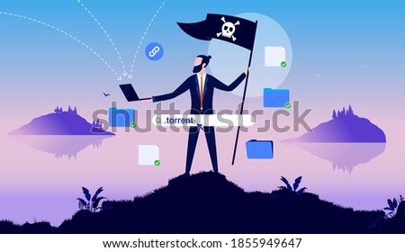Internet pirate - businessman with pirate flag holding laptop and downloading files and software. Online piracy concept. Vector illustration.