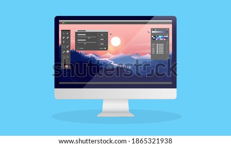 Photo editing on desktop computer - Photo editor software with user interface and beautiful landscape image. Vector illustration.