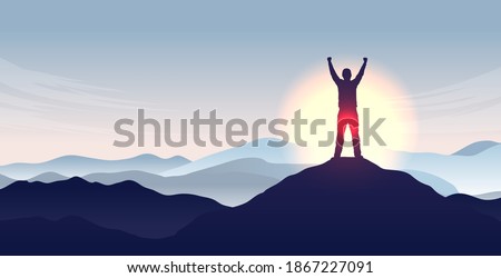 Mountaintop hands in air - Winner person standing on mountain peak cheering with epic view. Freedom and personal success concept. Vector illustration with copy space for text.