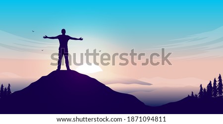 Mental happiness - Man on mountain peak with open arms welcoming a new day with sunrise and beautiful view. Vector illustration. Photo stock © 