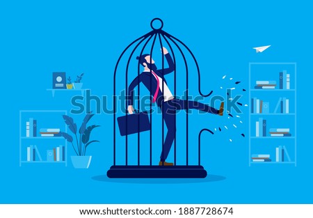 Businessman breaking cage - Man kicking a birdcage open to find freedom. Break free, and life change concept. Vector illustration.