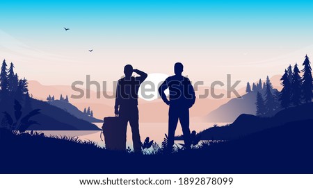 Two friends on hiking trip together - Two male persons looking at view and sunrise in beautiful nature landscape. Vector illustration.