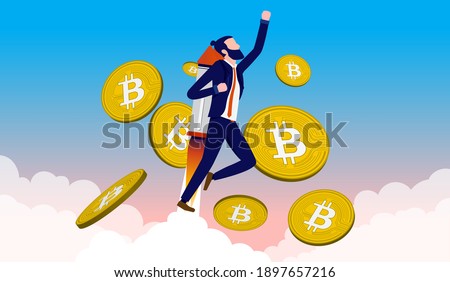 Bitcoin skyrocketing - Man with jetpack flying upwards with bitcoins in the sky. Crypto currency price and value increase concept. Vector illustration