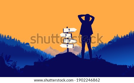 Facing multiple choices - Silhouette of young man in front of crossroad sign pointing in multiple directions. Life choices concept. Vector illustration.
