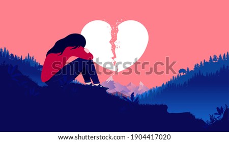Heartbreak girl - Heartbroken woman sitting on hill feeling sad and alone with broken heart in background. Ending relationship and sorrow concept. Vector illustration. 