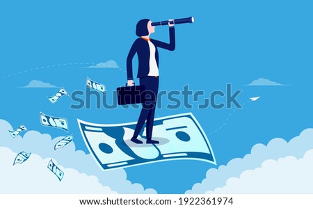 Woman working in finance looking for profits - Businesswoman standing on flying money with binocular searching for opportunities. Earning money concept. Vector illustration.