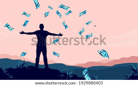 Financial freedom person -  Silhouette of person doing a freedom pose in beautiful landscape and money raining from the sky. Passive income, rich and success concept. Vector illustration.