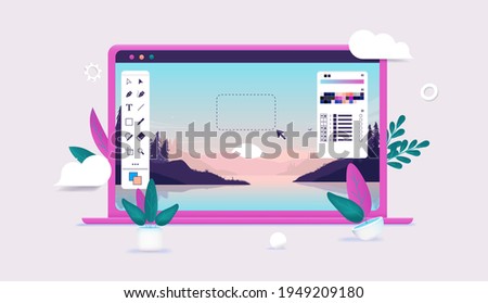 Photo editing on laptop computer - Photo editor software with user interface and beautiful landscape image in editable 3d vector illustration.