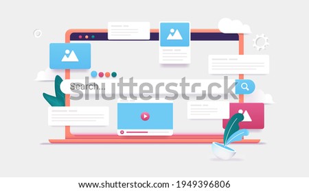 Search engine on computer screen - 3d vector illustration of laptop with internet search and results popping out. Finding information online concept.