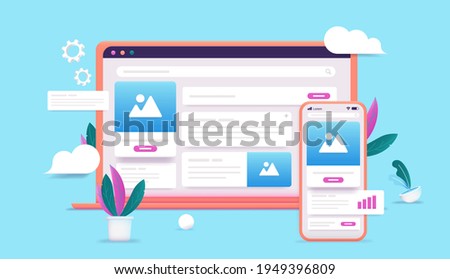 Smartphone and computer web design on screen - Cartoon 3d style vector illustration of Laptop and phone with user interface elements in bright colours.
