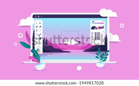Photo retouching and editing on computer screen - Photo software on laptop with user interface and landscape image. Graphic design concept. Vector illustration.