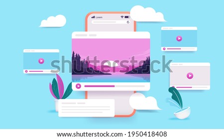 Watching videos on smartphone - Phone with movie and viral content elements. Video advertisement concept. 3d vector illustration.