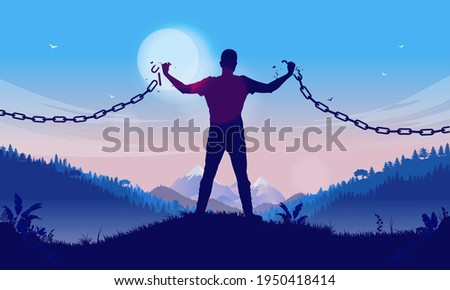 Independency - Silhouette of man breaking chains to become free and independent. Personal freedom concept. Vector illustration.