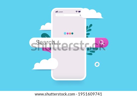 Searching on internet with smartphone -  Mobile phone with search bar popping out. Beautiful 3d vector illustration with clouds and light blue background.