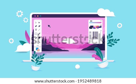 Photo editing illustration - Computer with photo software, nature image and user interface and tool bars. Vector illustration.