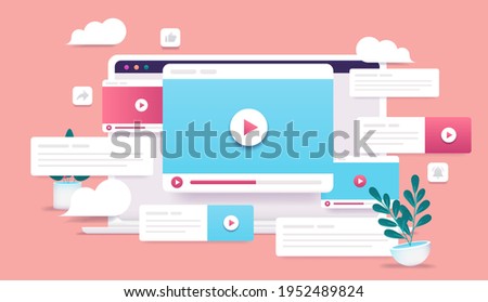 Viral spread video - Laptop with lots of video windows and content. Digital marketing and video content concept. Vector illustration.