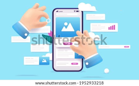 Building app design - Hands developing smartphone application or website. Abstract UI design concept, 3d vector illustration.