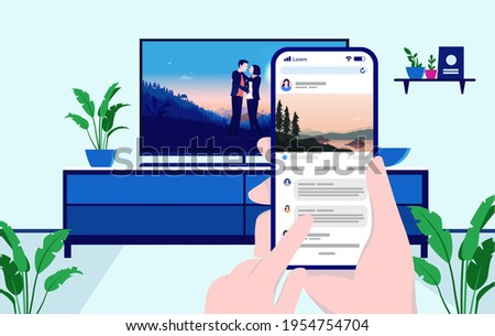 Using mobile phone in front of TV - Hands browsing social media while watching television. Vector illustration.