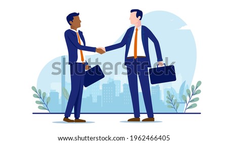 Diversity handshake vector illustration - two businessmen shaking hands on agreement and business deal. Corporate handshake and recruitment concept. 