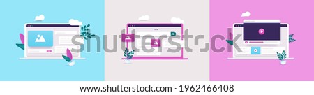 Vector computer UI collection - Illustration set of laptops with user interface and web graphics in 3d style. Computer screen with internet concept.