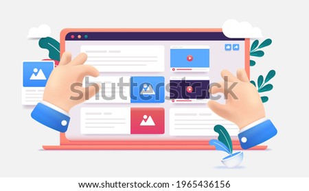 Web content creation - Illustration of hands building user interface with images, text and video. Website building and strategy concept. Vector format.