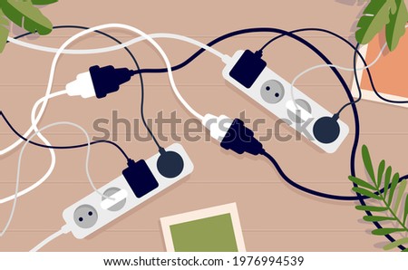 Messy electrical chords and clutter at home - Floor with extension sockets cables, chargers and wire mess. Vector illustration.