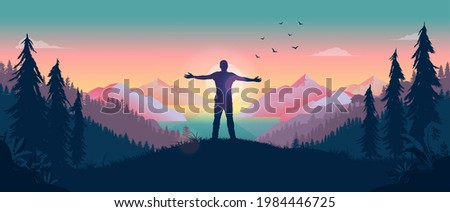 Having a personal adventure - Person standing in front of sun with arms out, watching the beauty of nature and feeling the warmth of the sun. Happiness and personal freedom concept. Vector