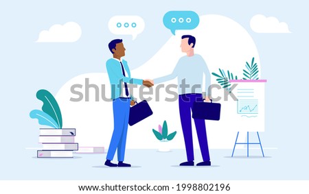 Casual business people shaking hands over deal - Two men in office doing handshake while talking. Agreement and cooperation concept. Vector illustration.