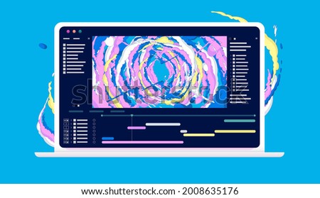 Animation software on computer screen - Laptop with application used to animate and create motion design. Vector illustration